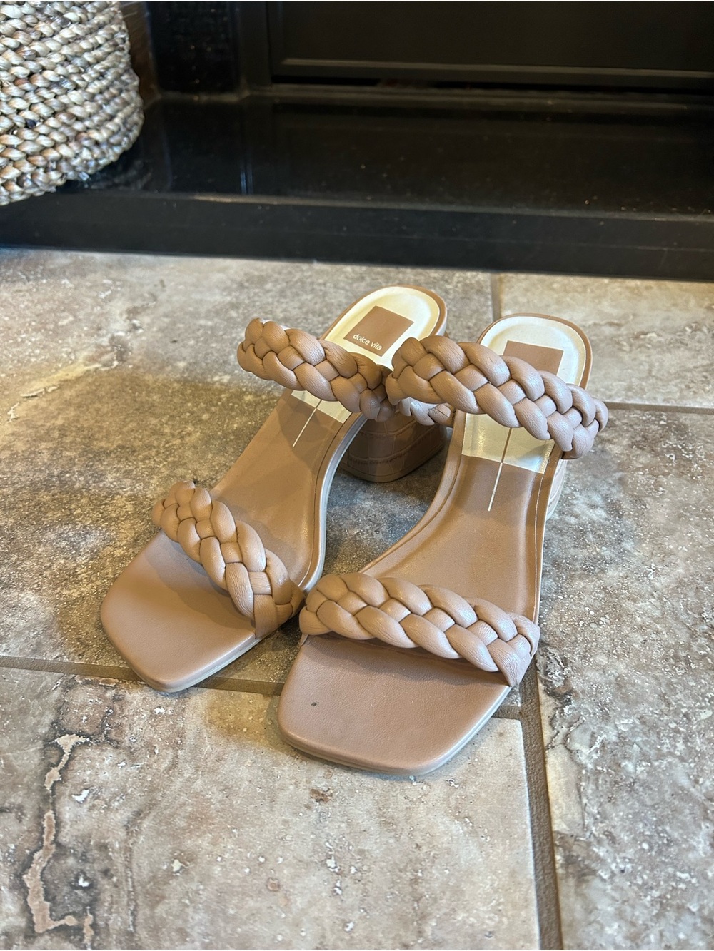 Dolce Vita Braided Double-Strap Heeled Sandals in Tan